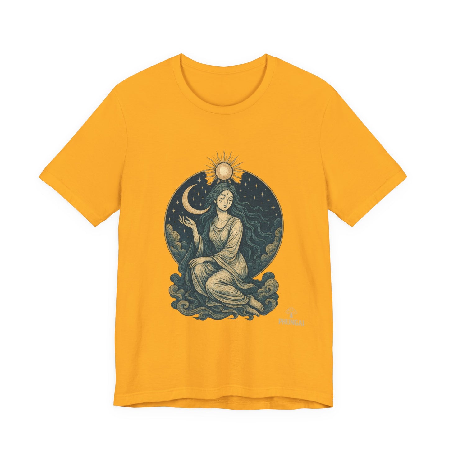 Celestial Goddess Tee, Bohemian Shirt, Moon and Sun Graphic Tee, Unisex Casual Wear, Unique Gift for Dreamers