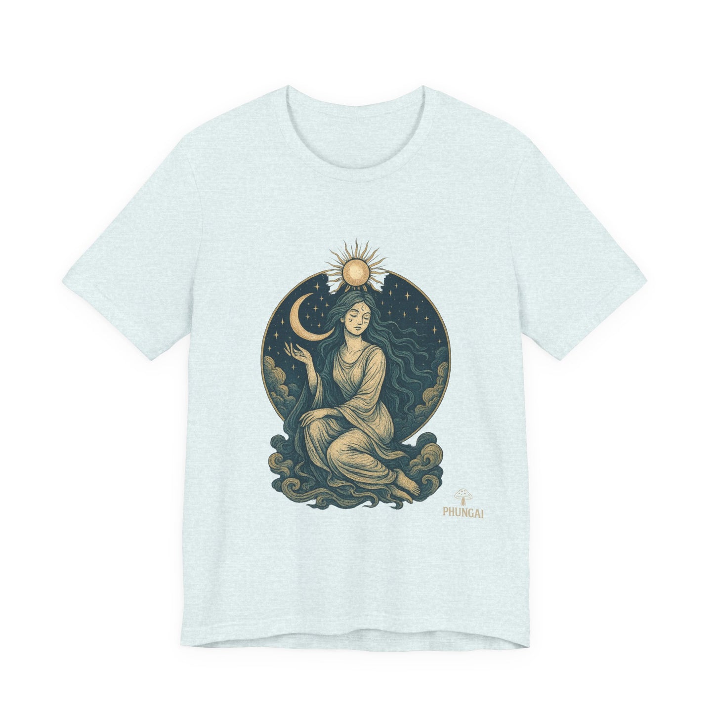 Celestial Goddess Tee, Bohemian Shirt, Moon and Sun Graphic Tee, Unisex Casual Wear, Unique Gift for Dreamers