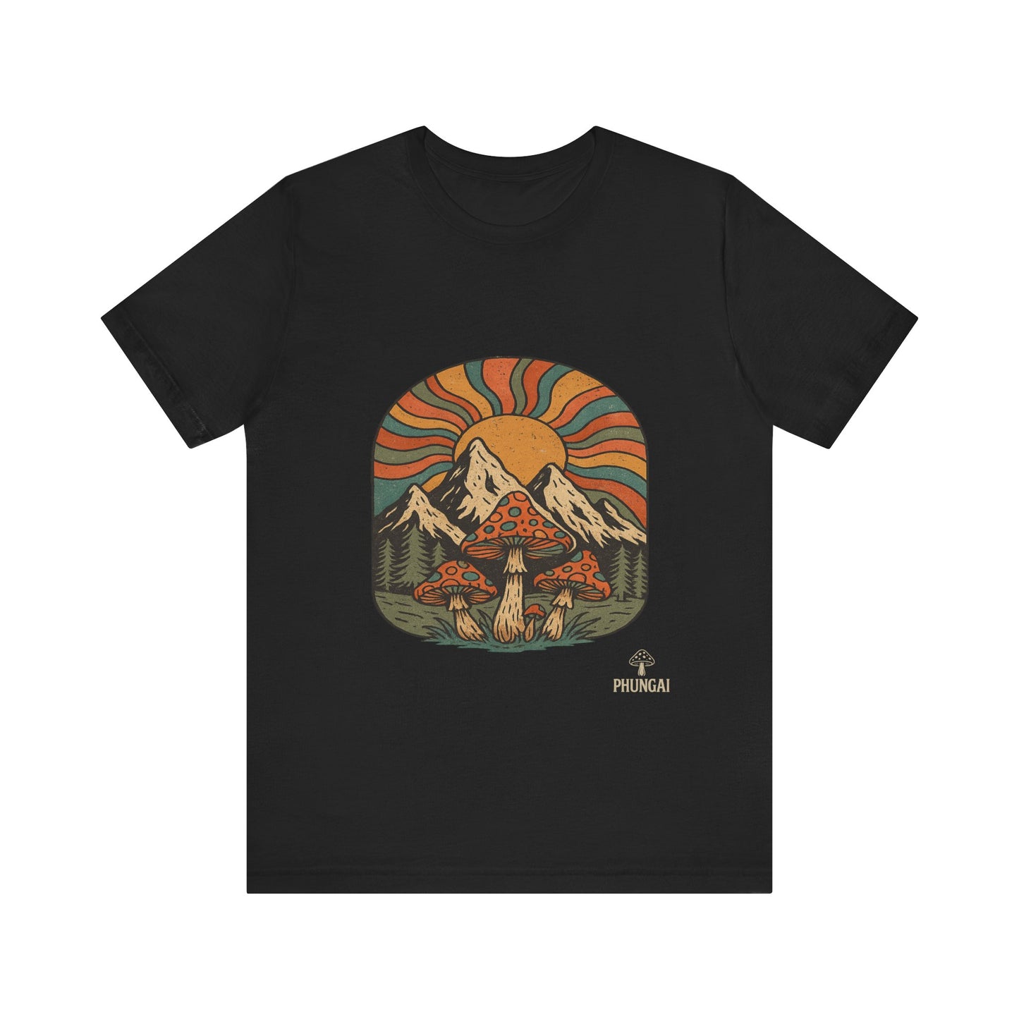 Retro Mountain Mushroom Tee, Nature Lover Gift, Unisex Graphic T-Shirt, Festival Outfit, Boho Style, Outdoor Adventure Apparel