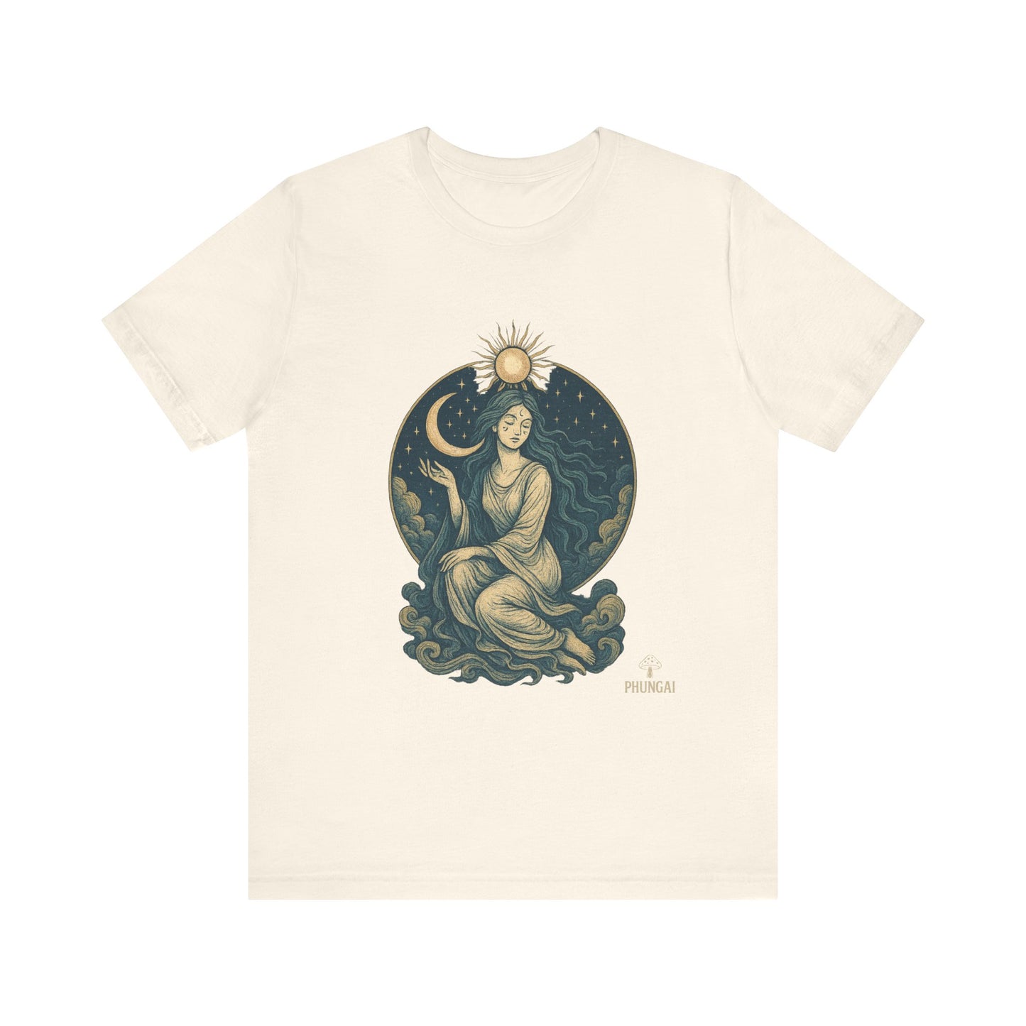 Celestial Goddess Tee, Bohemian Shirt, Moon and Sun Graphic Tee, Unisex Casual Wear, Unique Gift for Dreamers