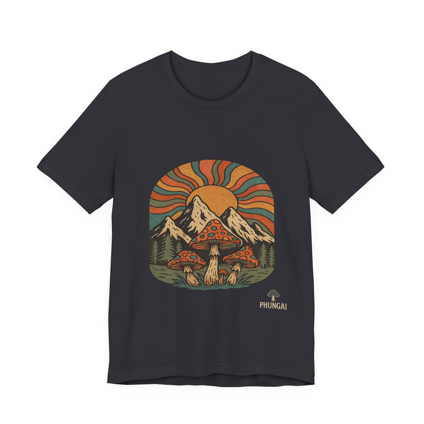 Retro Mountain Mushroom Tee, Nature Lover Gift, Unisex Graphic T-Shirt, Festival Outfit, Boho Style, Outdoor Adventure Apparel