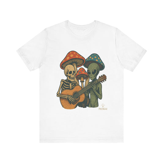Whimsical Halloween Tee, Unisex Jersey T-Shirt with Skeletons and Aliens, Perfect for Spooky Season, Costume Parties, Music Festivals, [...]