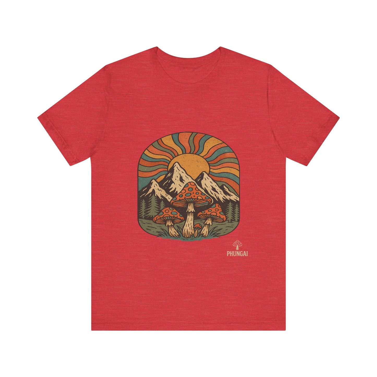 Retro Mountain Mushroom Tee, Nature Lover Gift, Unisex Graphic T-Shirt, Festival Outfit, Boho Style, Outdoor Adventure Apparel