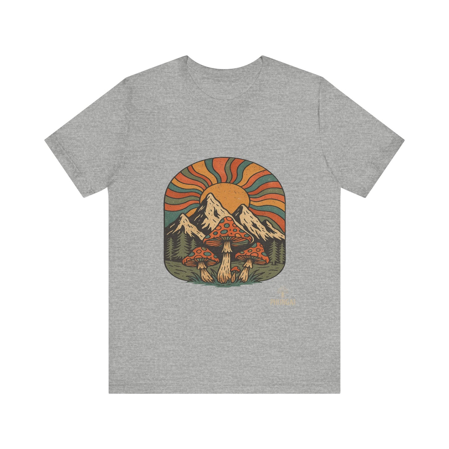 Retro Mountain Mushroom Tee, Nature Lover Gift, Unisex Graphic T-Shirt, Festival Outfit, Boho Style, Outdoor Adventure Apparel