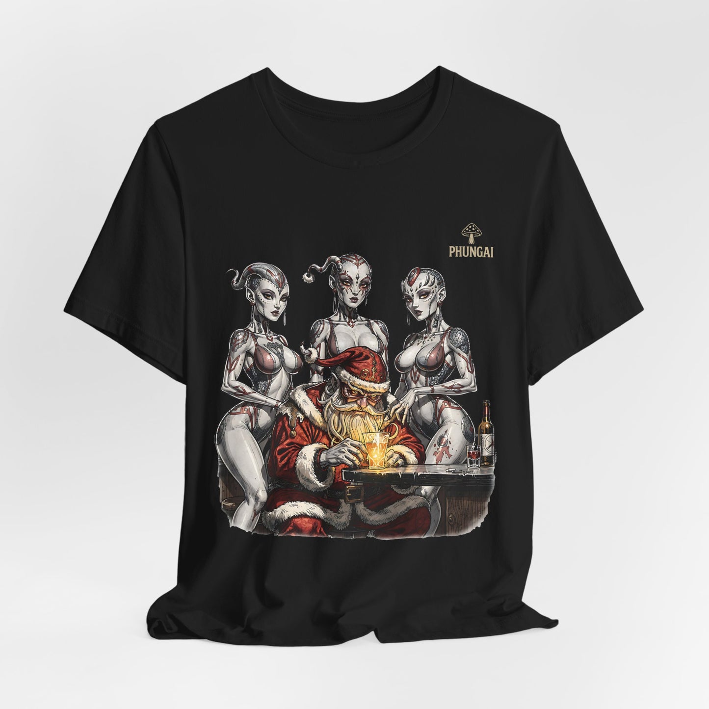 Horror Santa Pinup T-Shirt — Santa Surrounded by Zombie Pinup Girls Christmas Tee