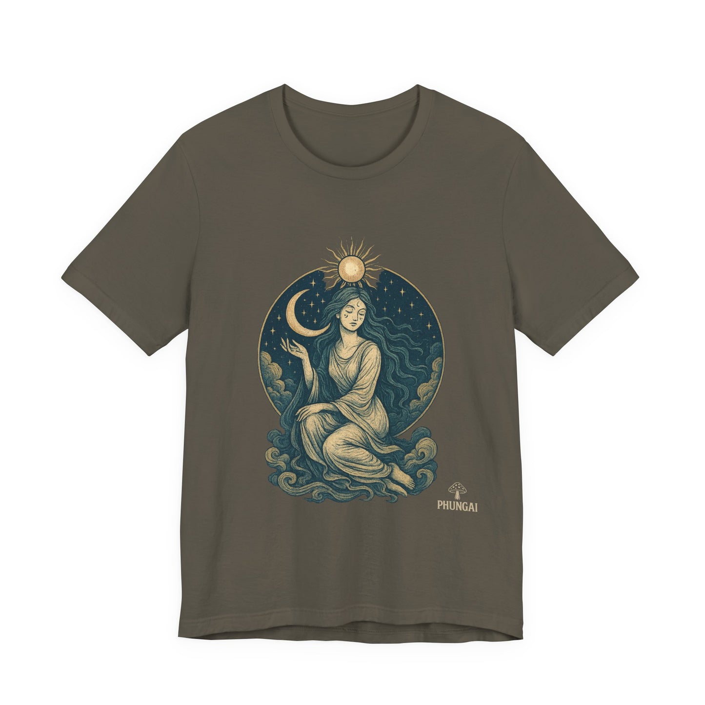 Celestial Goddess Tee, Bohemian Shirt, Moon and Sun Graphic Tee, Unisex Casual Wear, Unique Gift for Dreamers