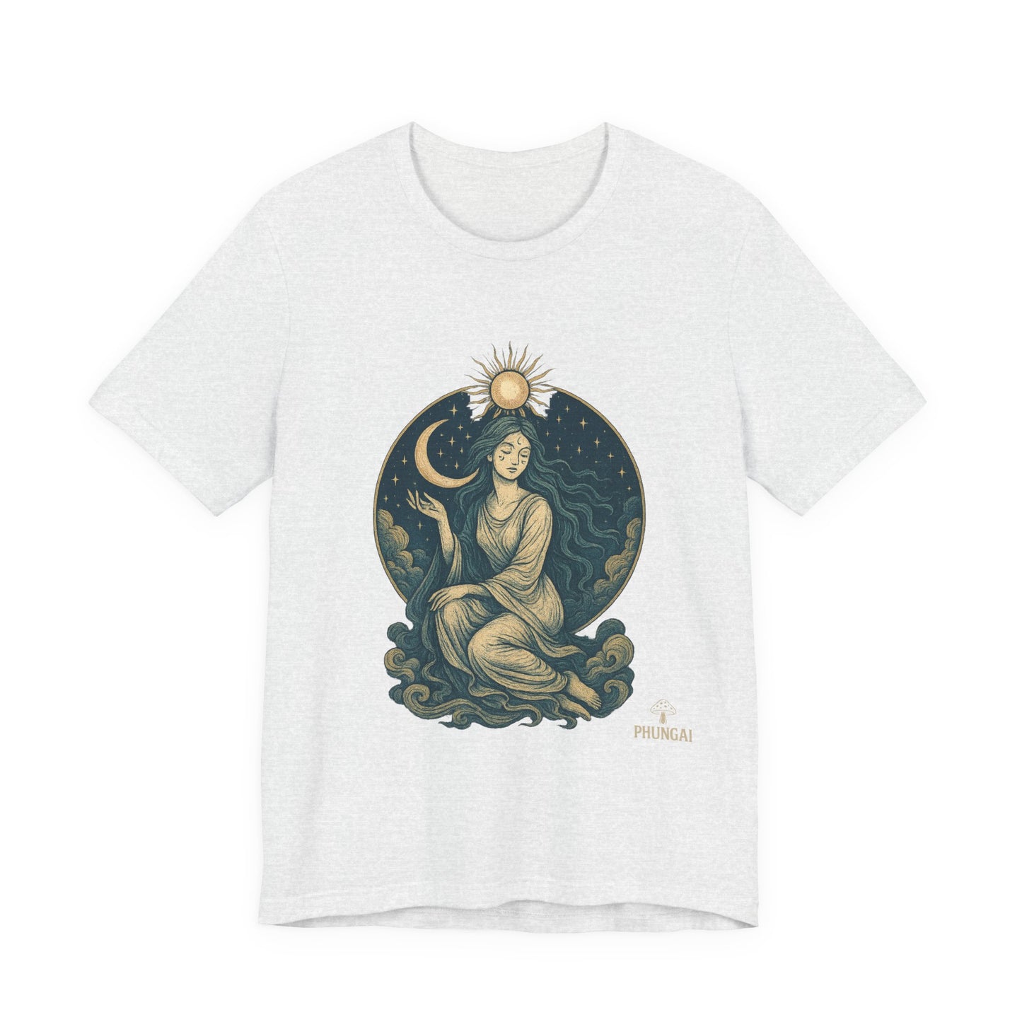 Celestial Goddess Tee, Bohemian Shirt, Moon and Sun Graphic Tee, Unisex Casual Wear, Unique Gift for Dreamers