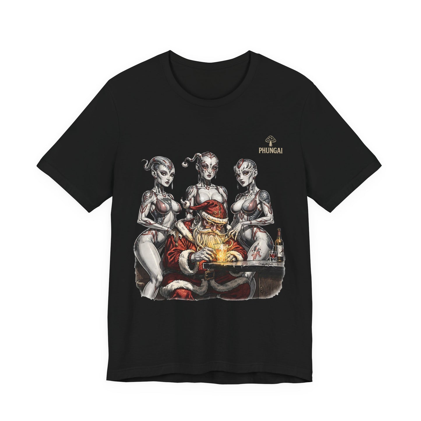 Horror Santa Pinup T-Shirt — Santa Surrounded by Zombie Pinup Girls Christmas Tee