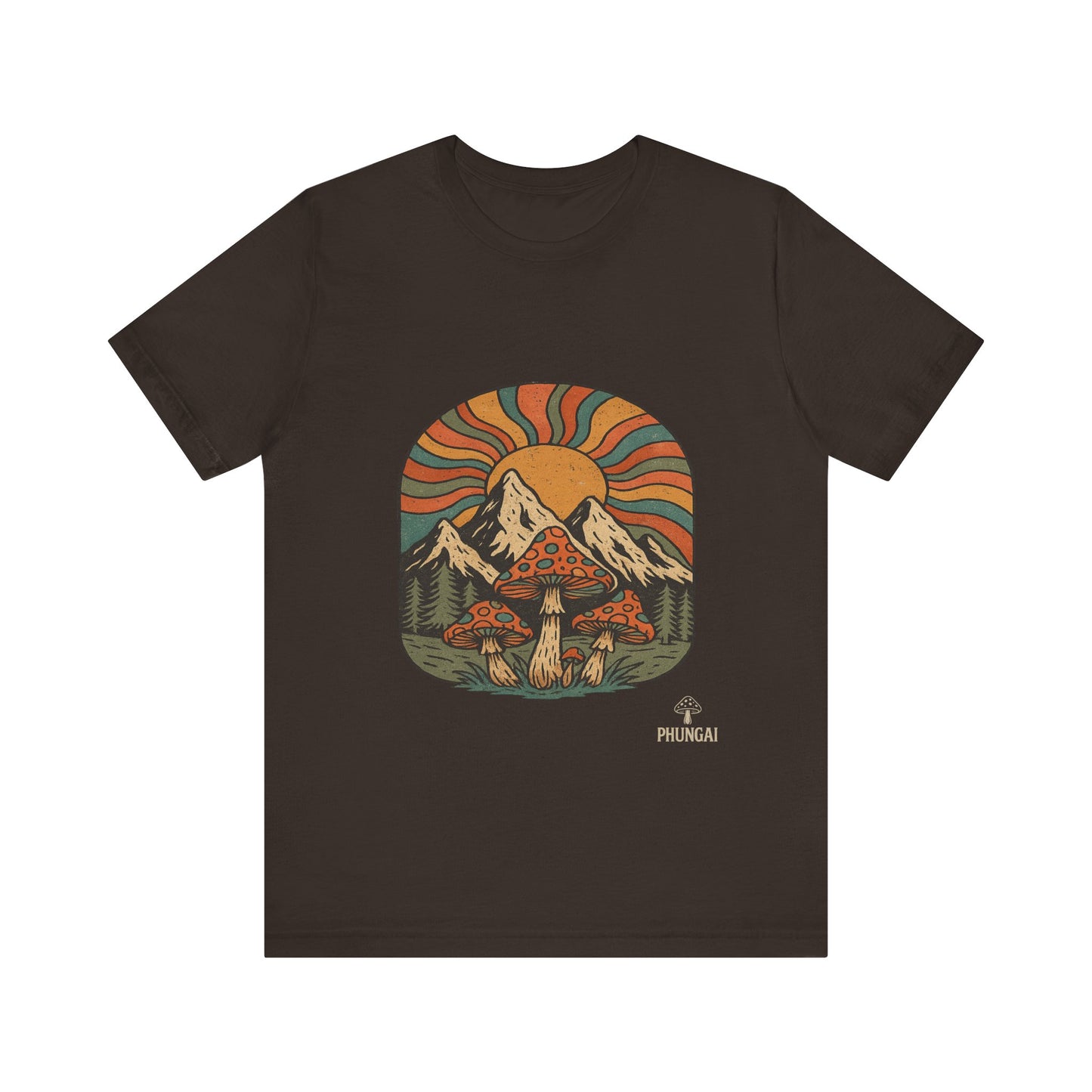 Retro Mountain Mushroom Tee, Nature Lover Gift, Unisex Graphic T-Shirt, Festival Outfit, Boho Style, Outdoor Adventure Apparel