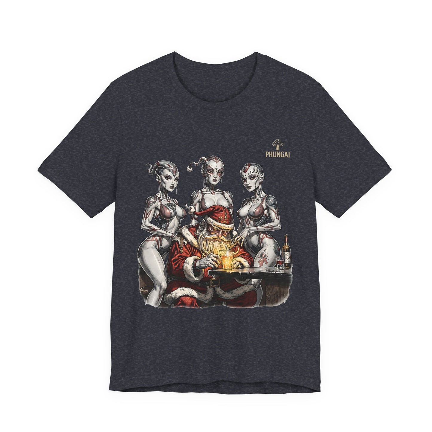 Horror Santa Pinup T-Shirt — Santa Surrounded by Zombie Pinup Girls Christmas Tee