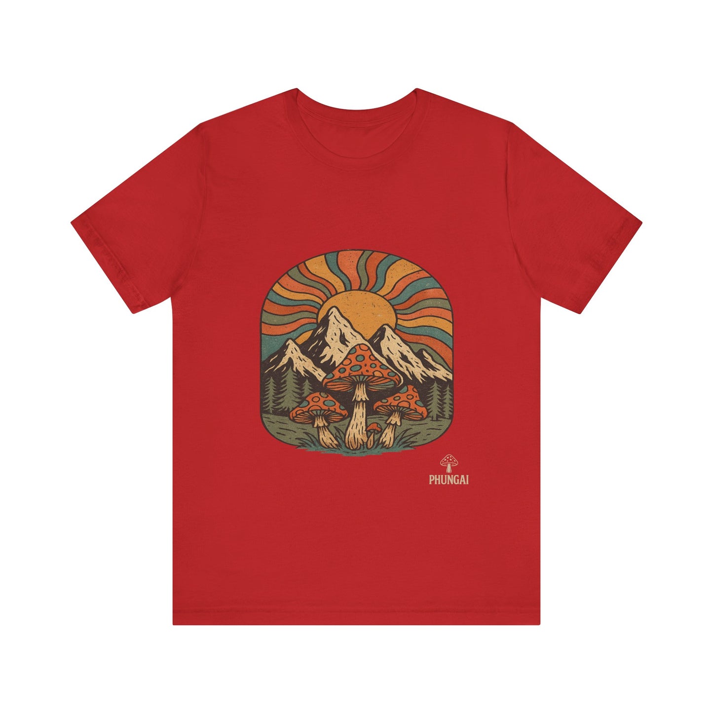 Retro Mountain Mushroom Tee, Nature Lover Gift, Unisex Graphic T-Shirt, Festival Outfit, Boho Style, Outdoor Adventure Apparel