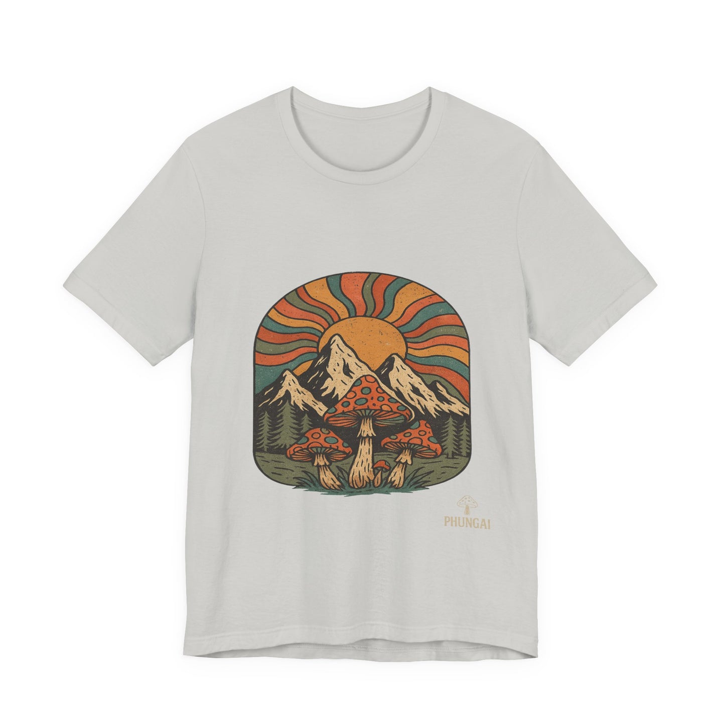 Retro Mountain Mushroom Tee, Nature Lover Gift, Unisex Graphic T-Shirt, Festival Outfit, Boho Style, Outdoor Adventure Apparel