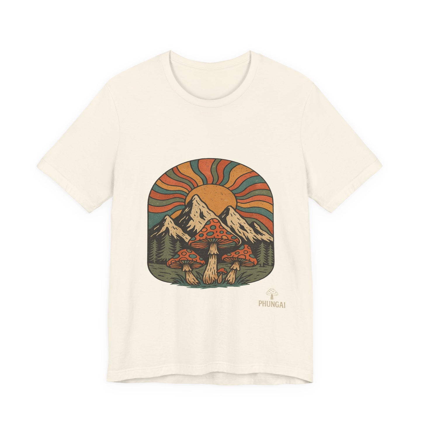 Retro Mountain Mushroom Tee, Nature Lover Gift, Unisex Graphic T-Shirt, Festival Outfit, Boho Style, Outdoor Adventure Apparel