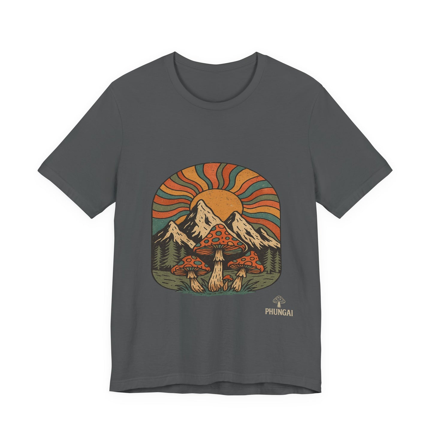Retro Mountain Mushroom Tee, Nature Lover Gift, Unisex Graphic T-Shirt, Festival Outfit, Boho Style, Outdoor Adventure Apparel