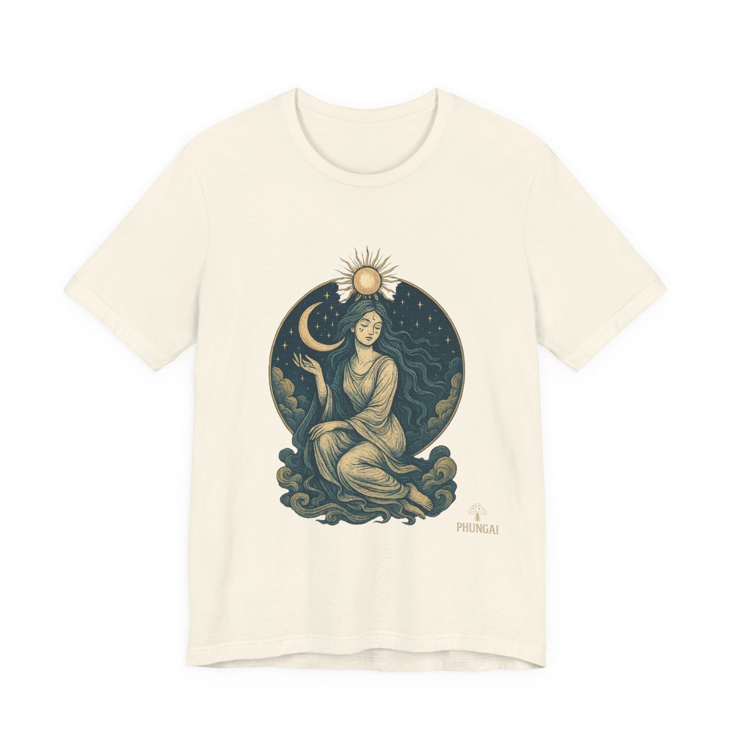 Celestial Goddess Tee, Bohemian Shirt, Moon and Sun Graphic Tee, Unisex Casual Wear, Unique Gift for Dreamers