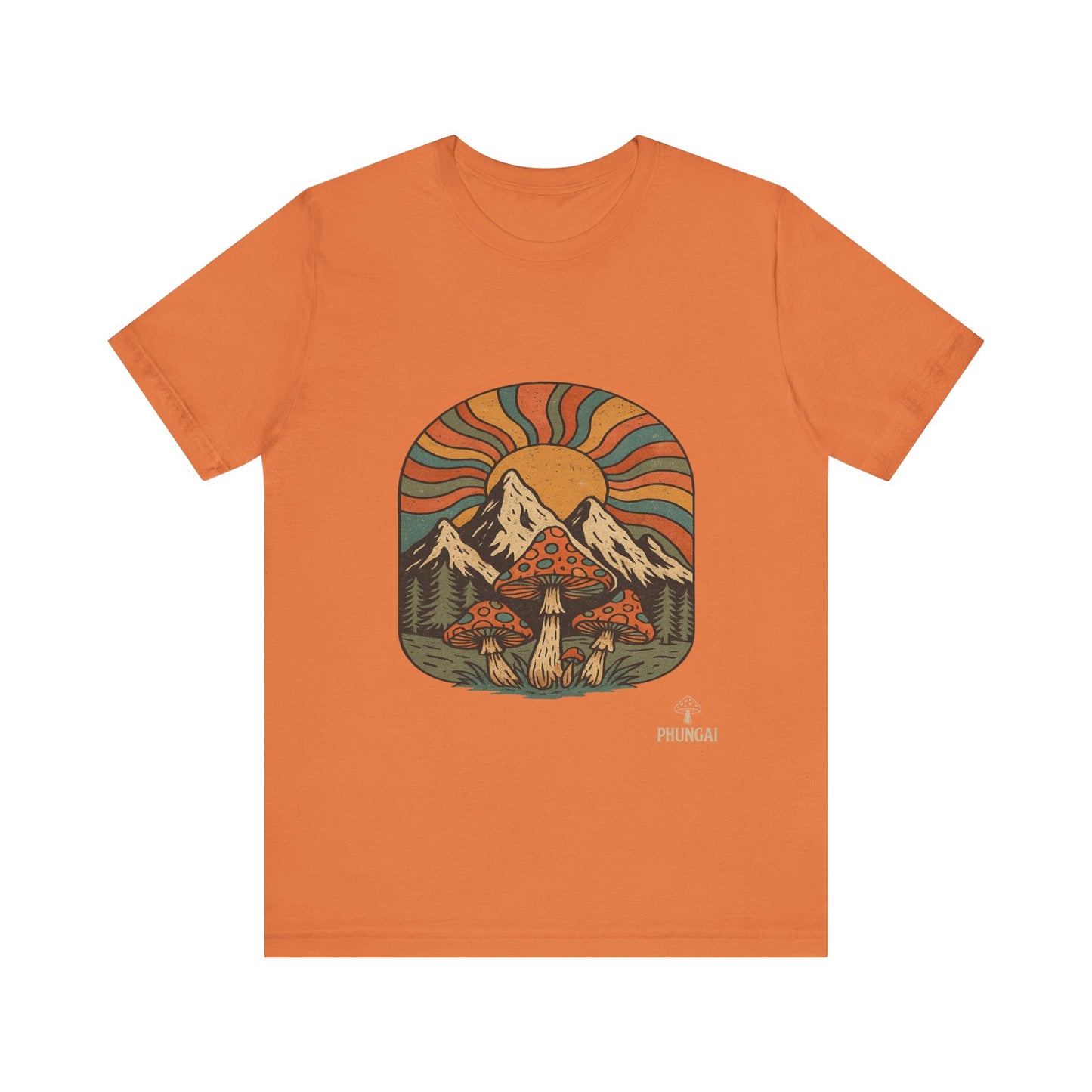 Retro Mountain Mushroom Tee, Nature Lover Gift, Unisex Graphic T-Shirt, Festival Outfit, Boho Style, Outdoor Adventure Apparel