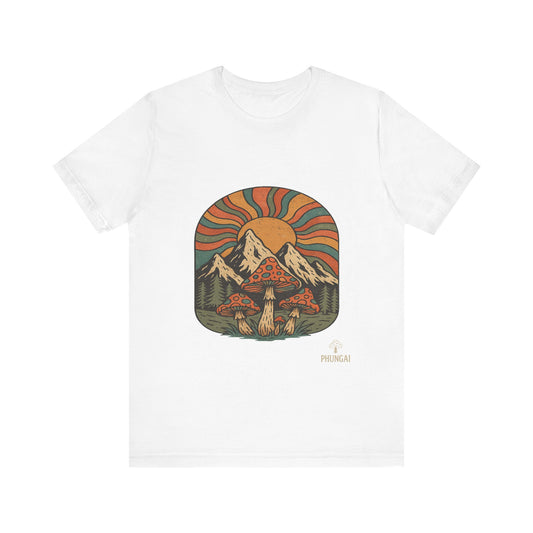 Retro Mountain Mushroom Tee, Nature Lover Gift, Unisex Graphic T-Shirt, Festival Outfit, Boho Style, Outdoor Adventure Apparel
