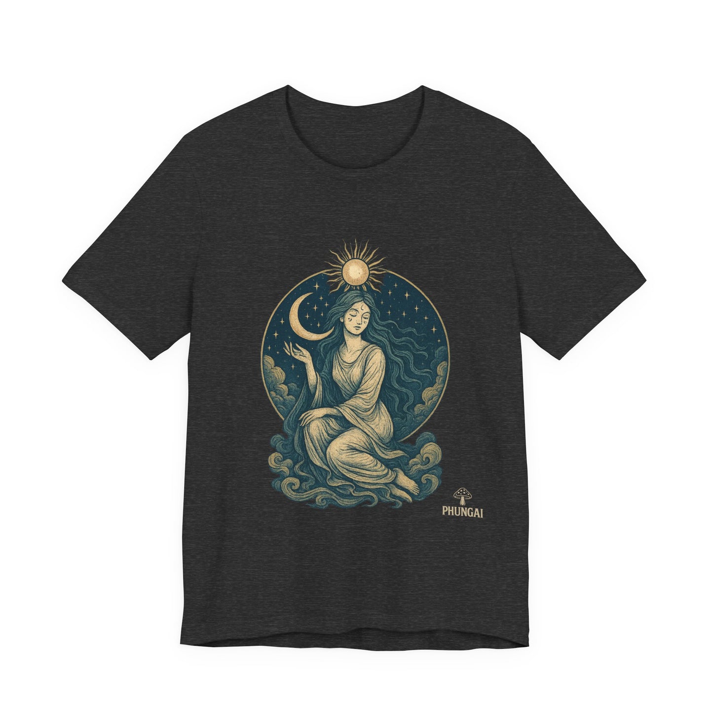 Celestial Goddess Tee, Bohemian Shirt, Moon and Sun Graphic Tee, Unisex Casual Wear, Unique Gift for Dreamers