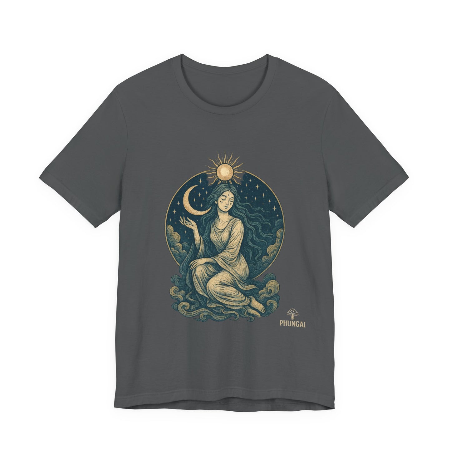 Celestial Goddess Tee, Bohemian Shirt, Moon and Sun Graphic Tee, Unisex Casual Wear, Unique Gift for Dreamers