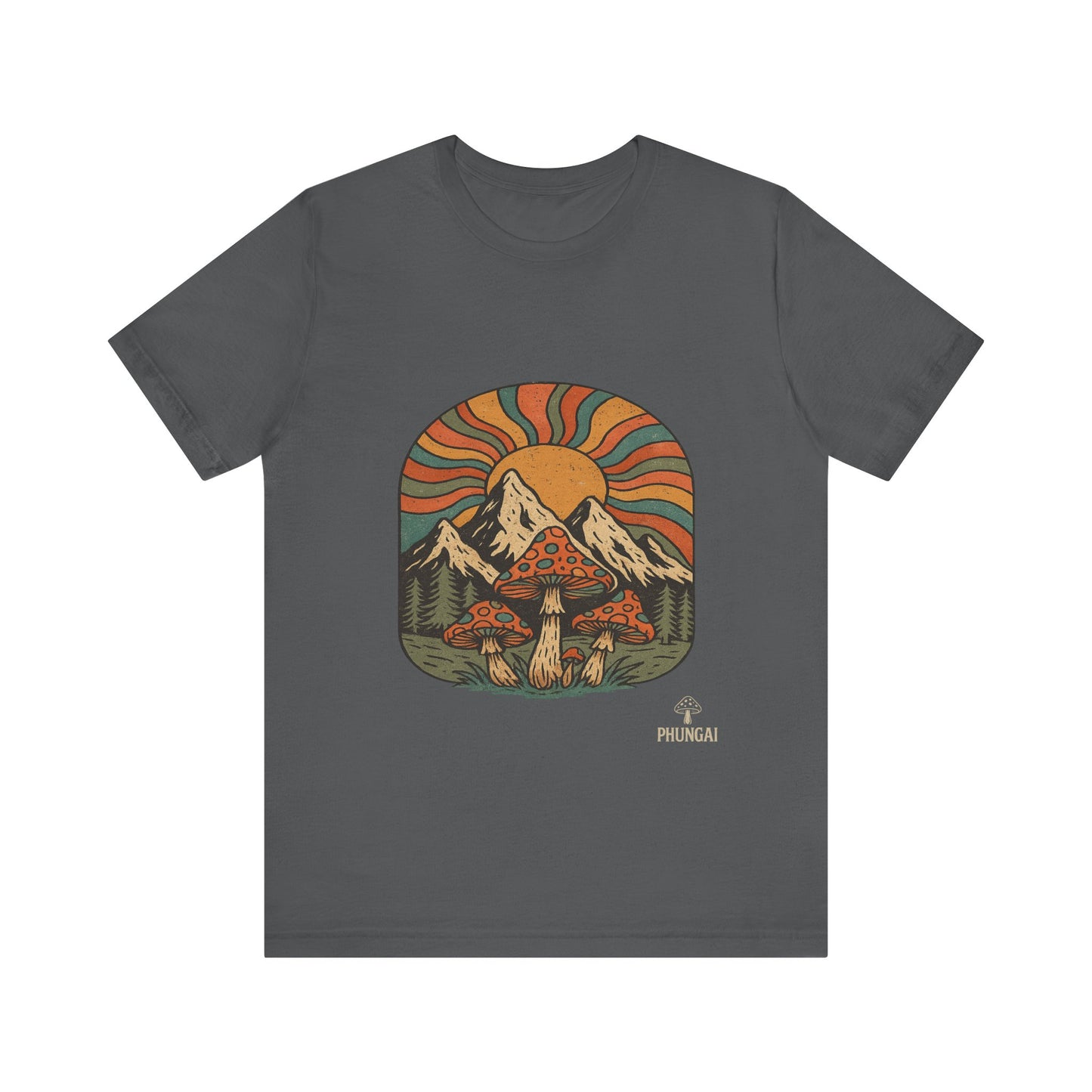 Retro Mountain Mushroom Tee, Nature Lover Gift, Unisex Graphic T-Shirt, Festival Outfit, Boho Style, Outdoor Adventure Apparel
